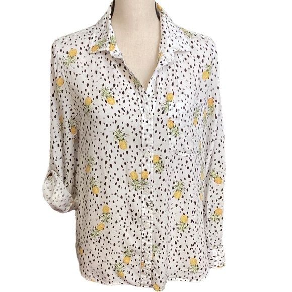 Velvet Heart Pineapple Print Roll Tab Sleeve Rayon Blouse, Medium - Picture 2 of 8